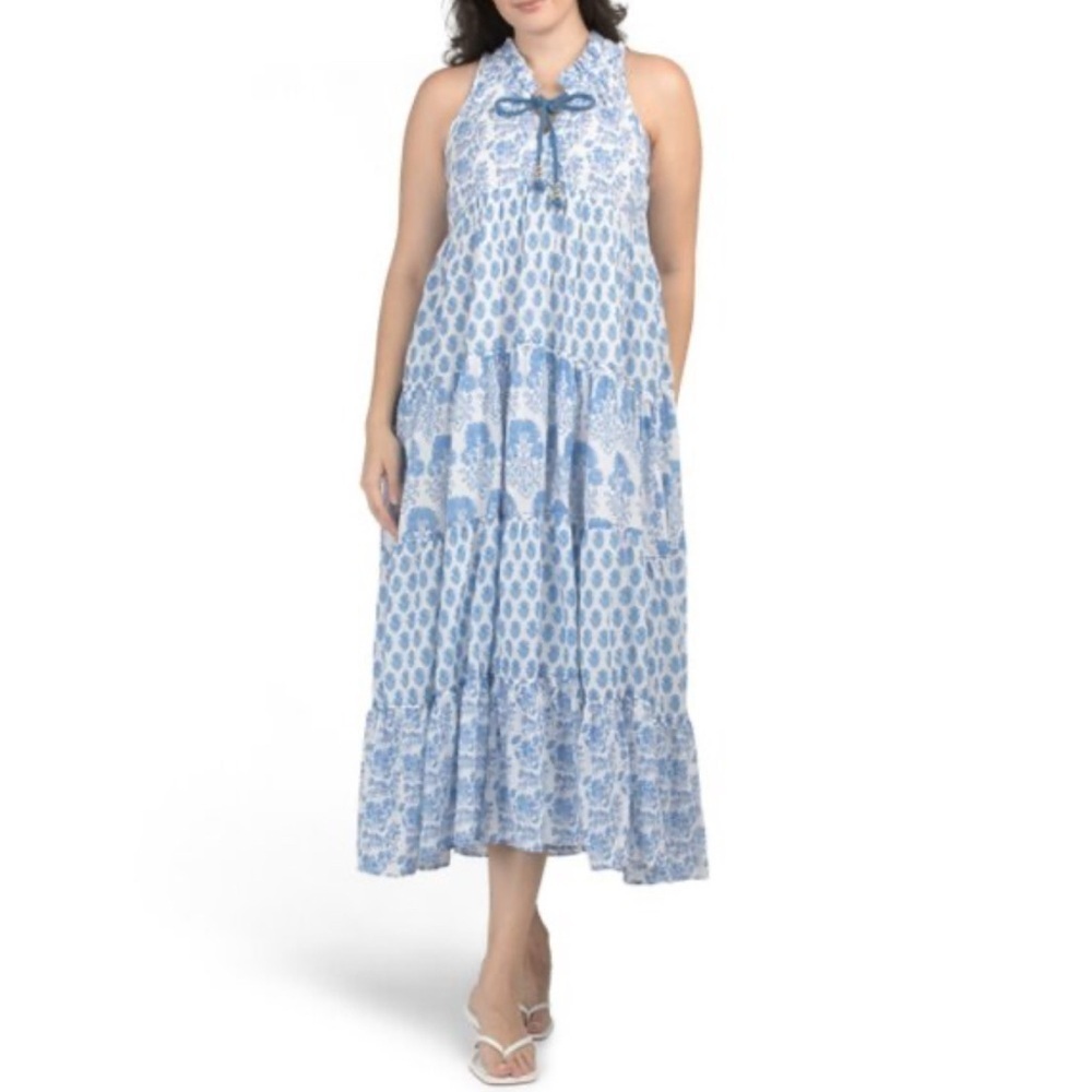 CALYPSO ST. BARTH Blue/white Sleeveless Tiered Maxi Dress Small